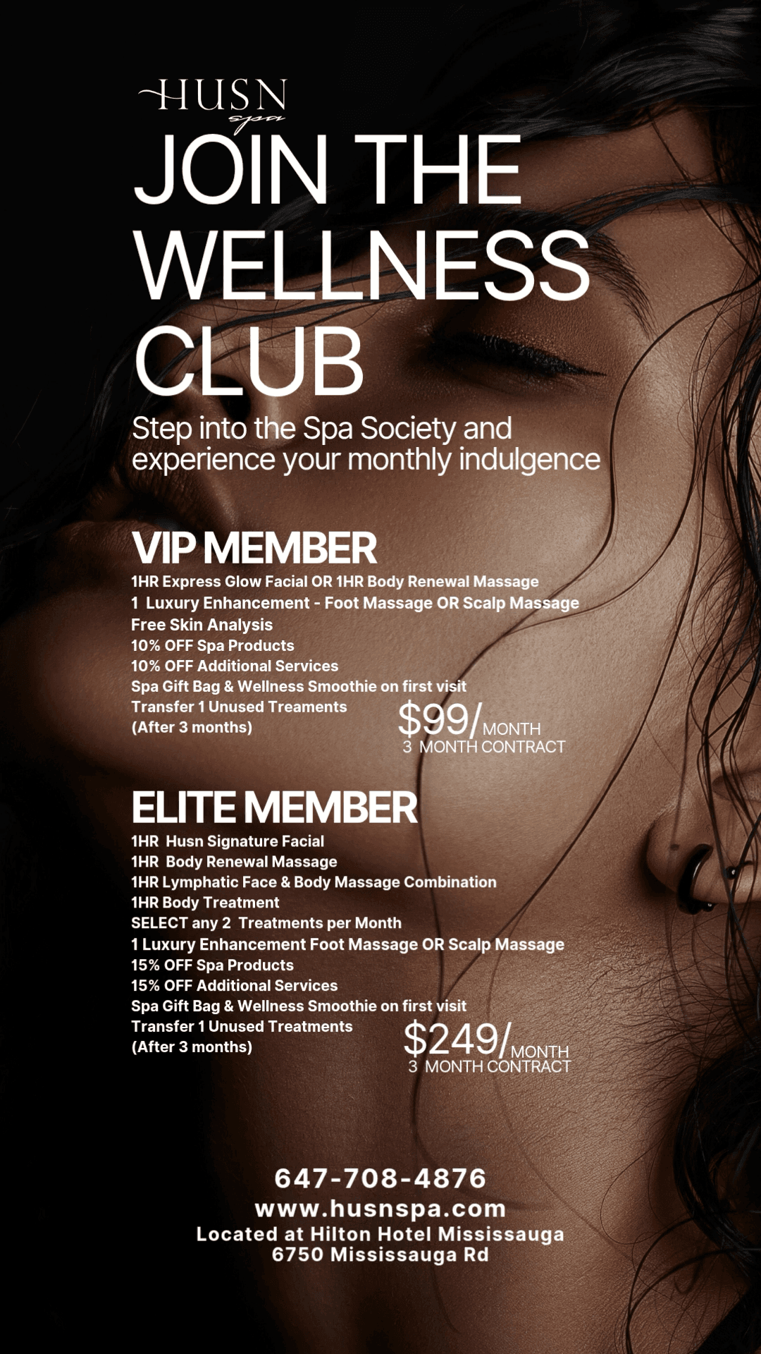 Husn Spa Wellness Club membership flyer with VIP and Elite member details